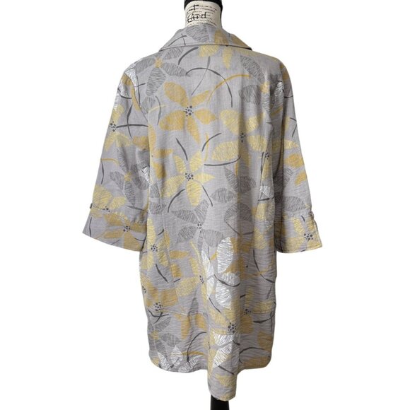 Habitat Button-Up Top Tunic 1/2 Sleeve Gray Yellow Floral Lagenlook Women Size L - Picture 3 of 8